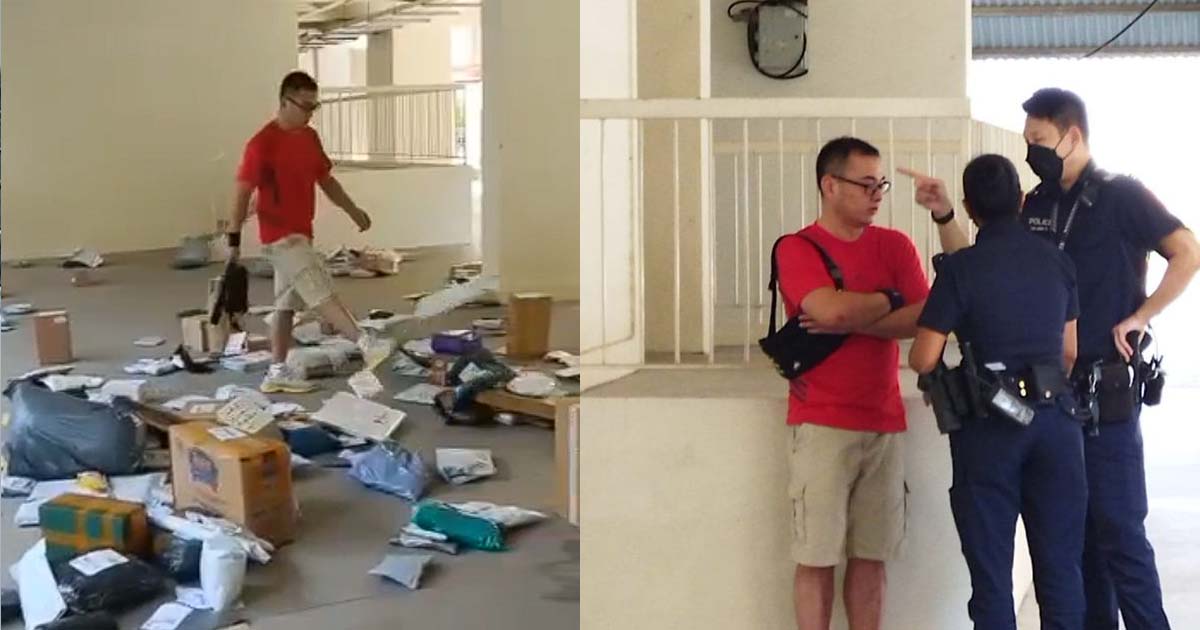 COURIER GOES ON RAMPAGE, KICKS PARCELS AT SERANGOON VOID DECK