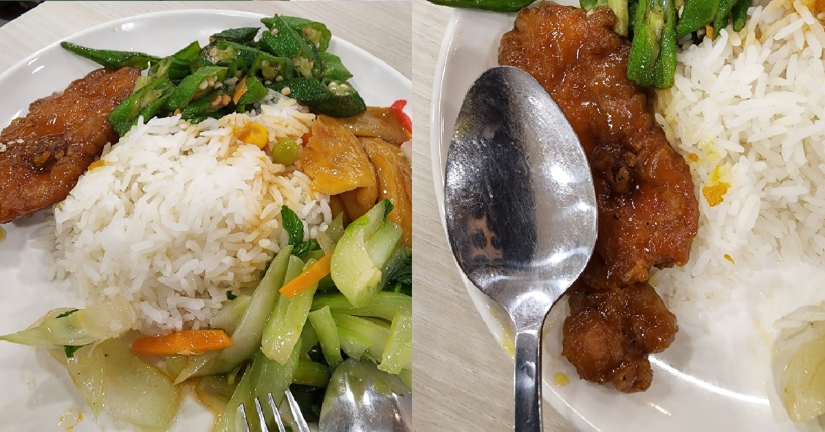 WOMAN PAID $6.7O FOR CAI PNG, WITH PORK CHOP SAME SIZE AS THE SPOON