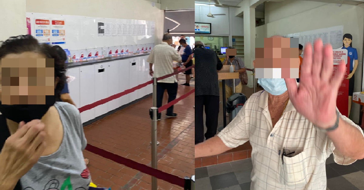 OLD COUPLE ALLEGEDLY CUT QUEUE @ S’PORE POOLS, HUSBAND THROWS MAN’S PHONE
