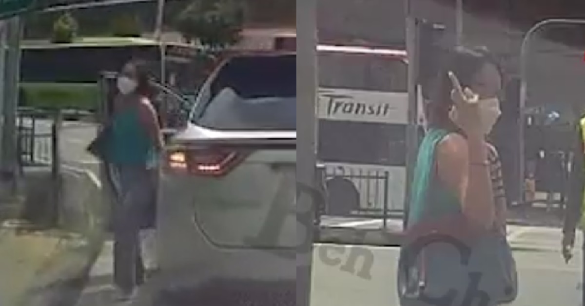 WOMAN ALIGHTED FROM CAR IN MIDDLE OF ZEBRA CROSSING, POINTS MIDDLE FINGER AT DRIVER BEHIND
