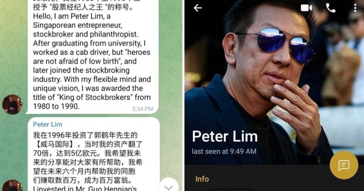SCAMMERS POSING AS PETER LIM, TELEGRAM MESSAGES OFFERING INVESTMENT ADVICE