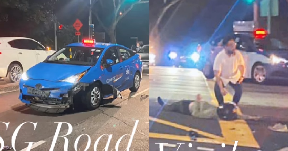 TAXI BEATS RED LIGHT AND CRASHED INTO MOTORCYCLIST, LIE DOWN ON ROAD MOTIONLESS