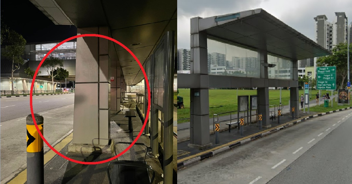 MAN NOT HAPPY WITH BUS-STOP BECAUSE GOT PILLAR IN FRONT, CANNOT SEE IF BUS COMING