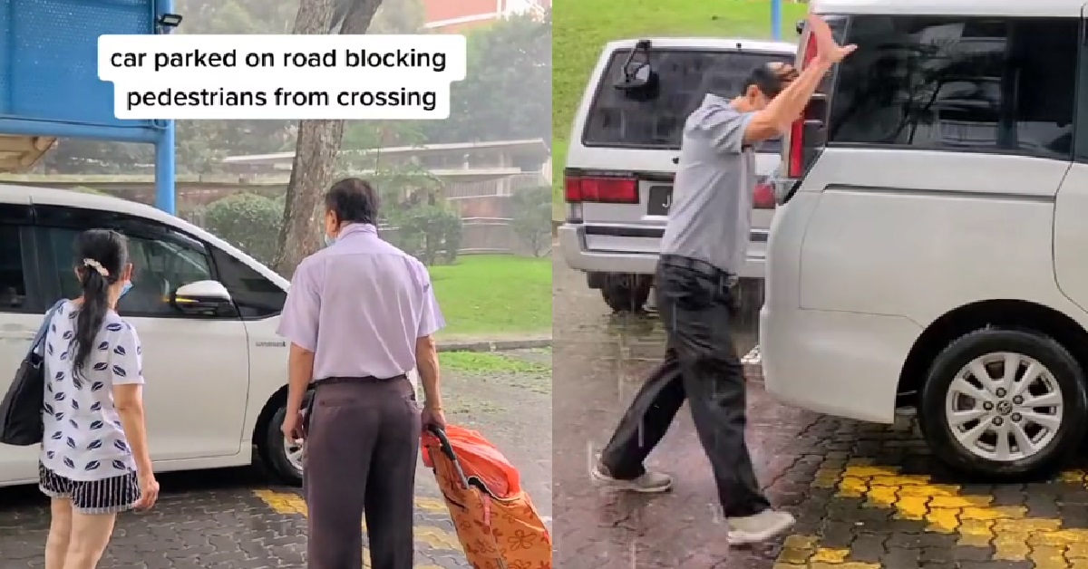 DRIVER BLOCKS WALKWAY SHELTER WHILE IT’S RAINING, PPL CAN’T CROSS WITHOUT GETTING DRENCHED