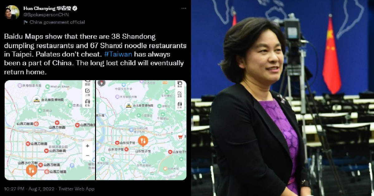 CHINA GOVT OFFICIAL: TAIWAN IS PART OF CHINA BECAUSE GOT 105 CHINESE EATERIES THERE