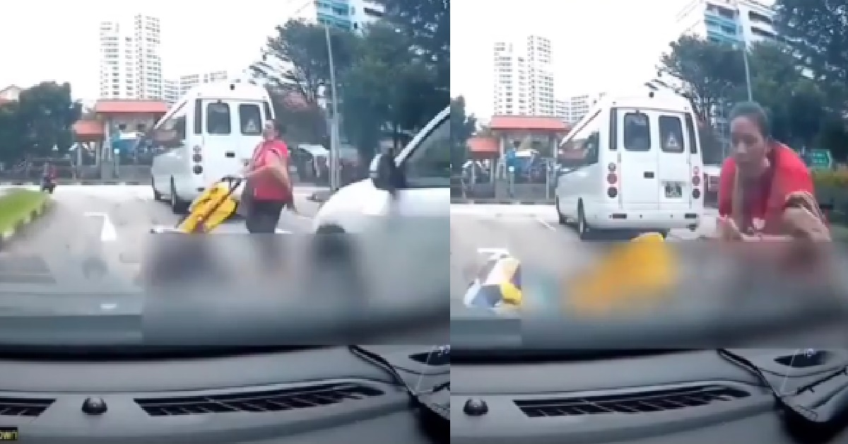 WOMAN JAYWALKS ACROSS BUSY ROAD WITH BABY STROLLER WITHOUT LOOKING, HIT BY CAR