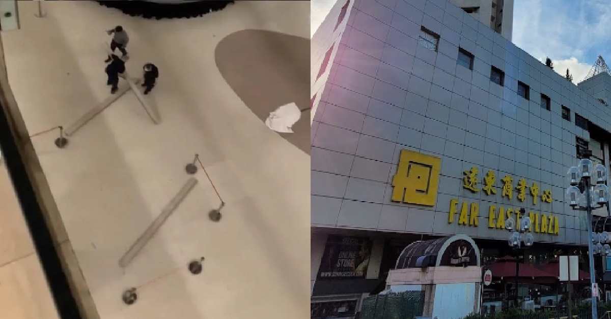 WOODEN PLANKS ON CEILING FALLS AND ALMOST HITS WOMAN @ FAR EAST PLAZA