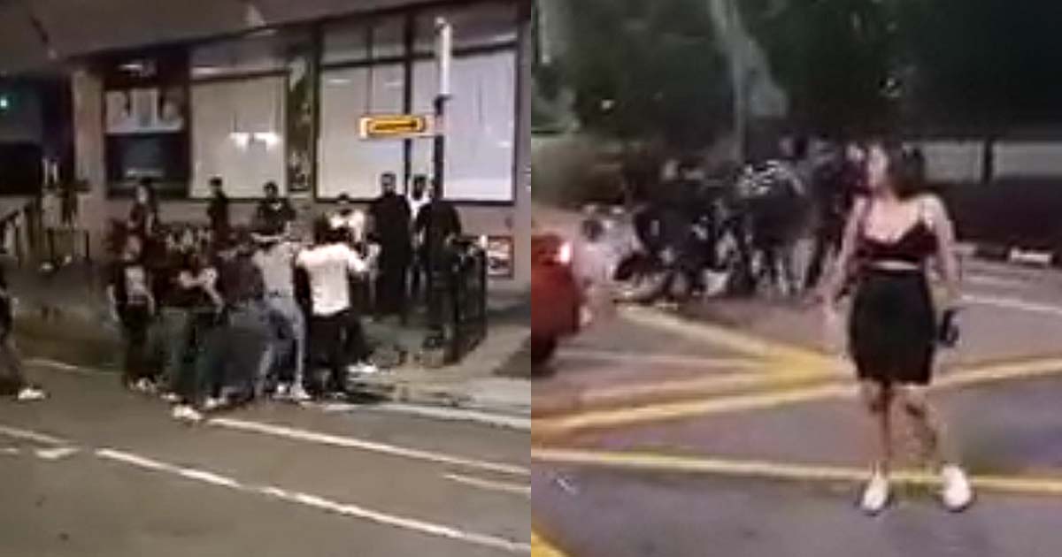30 OVER PEOPLE FIGHTING OUTSIDE ORCHARD TOWER, FIGHTING ON ROAD