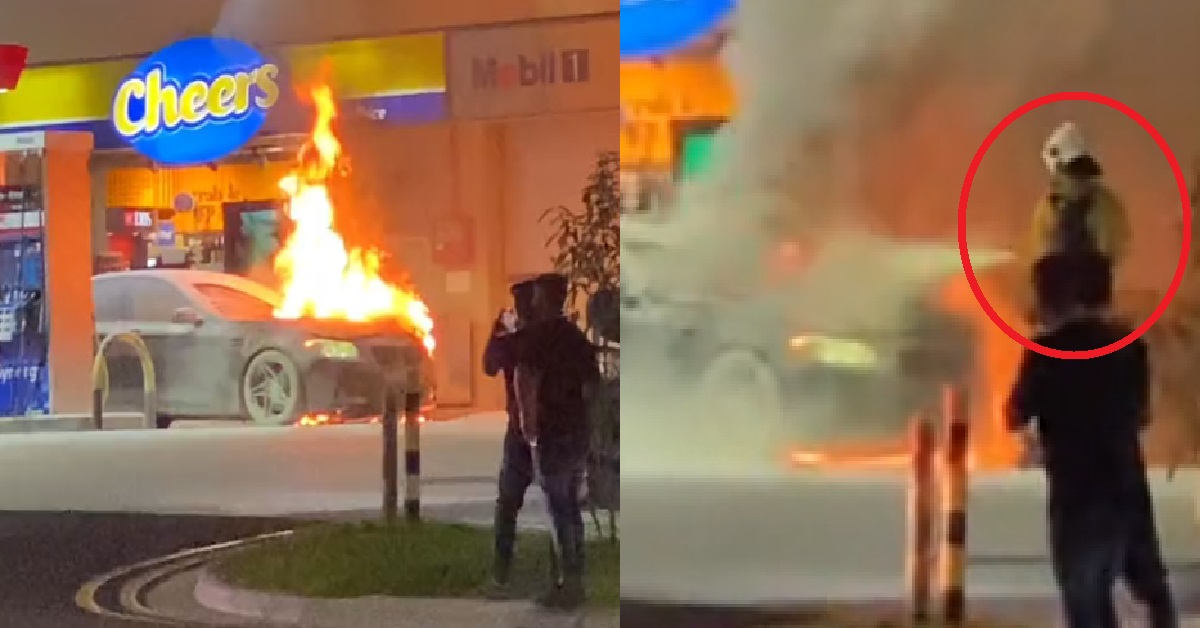 OFF-DUTY SCDF OFFICER CONTAINS BURNING CAR @ PETROL STATION BEFORE ARRIVAL OF COLLEAGUES