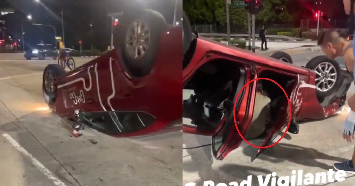 GETGO RENTAL CAR TURNED “TURTLE” AFTER CRASH @ NICOLL HIGHWAY, 2 SENT TO HOSPITAL