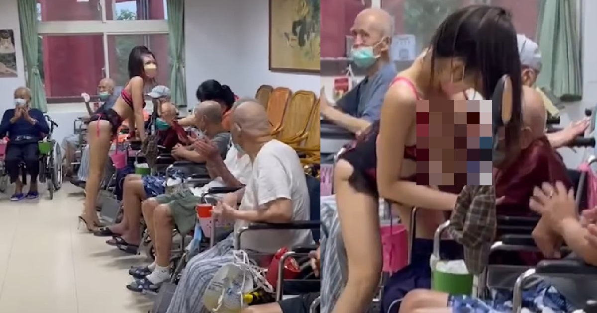 WOMAN IN LINGERIE PERFORMS @ OLD FOLKS HOME, PUTS AH PEK’S HAND ON HER CHEST