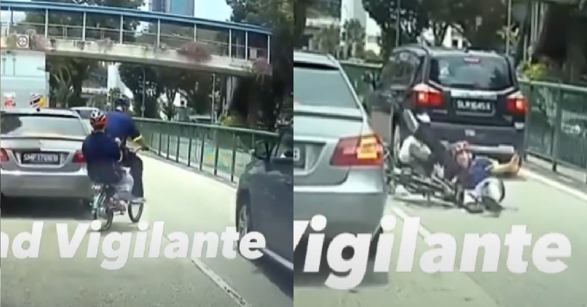 CYCLIST RIDING LIKE ITS THEIR AH GONG ROAD, THEN KENA KNOCKED DOWN BY CAR