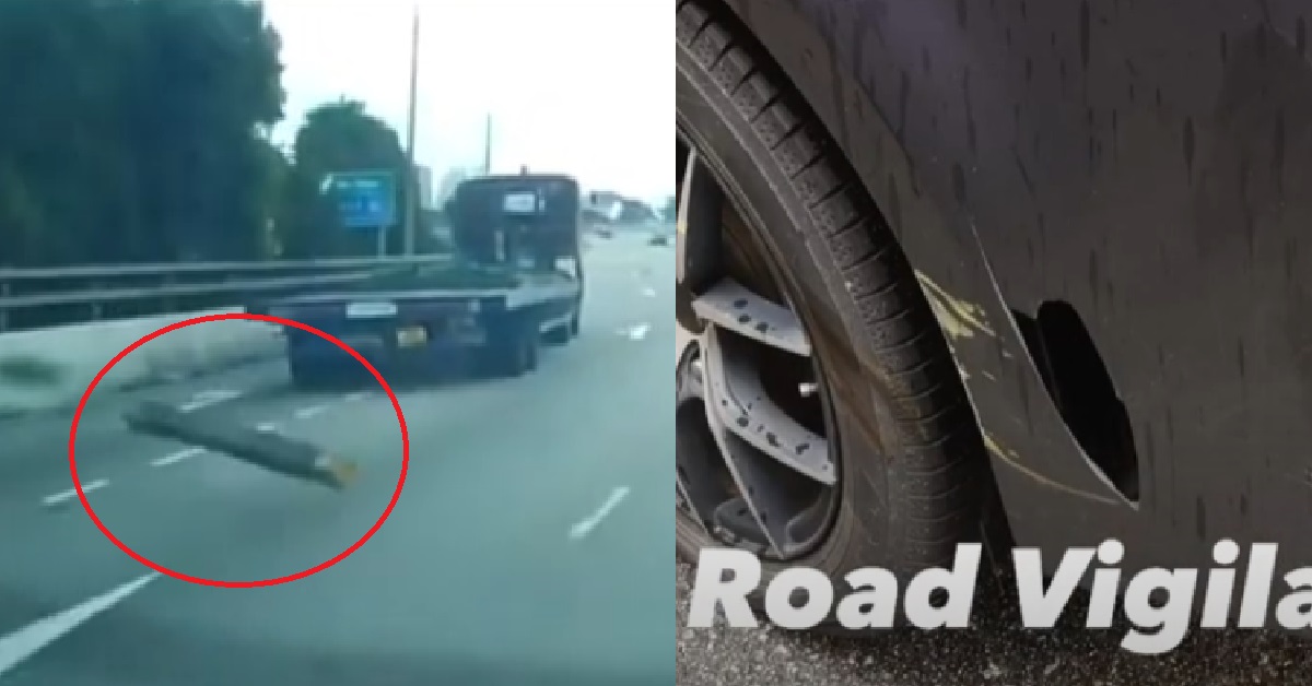 UNSECURED WOODEN LOG FELL OFF LORRY, HITS CAR BEHIND AND LEAVES A HOLE ON IT