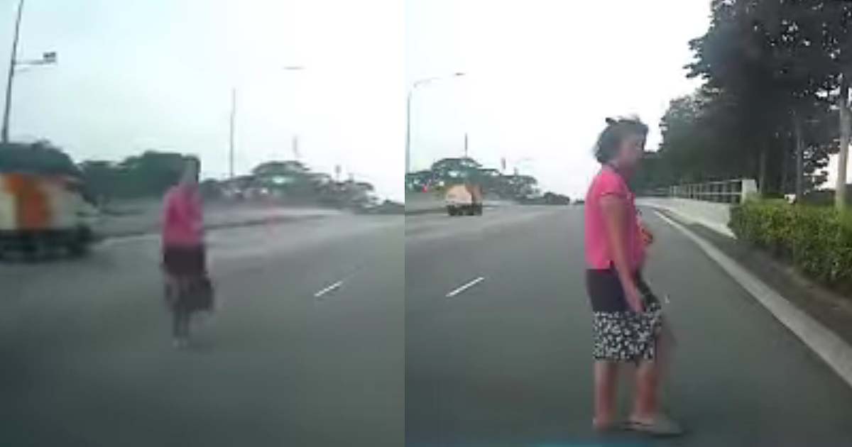 AUNTIE WALKS IN THE MIDDLE OF THE EXPRESSWAY, DRIVERS STOP IN TIME
