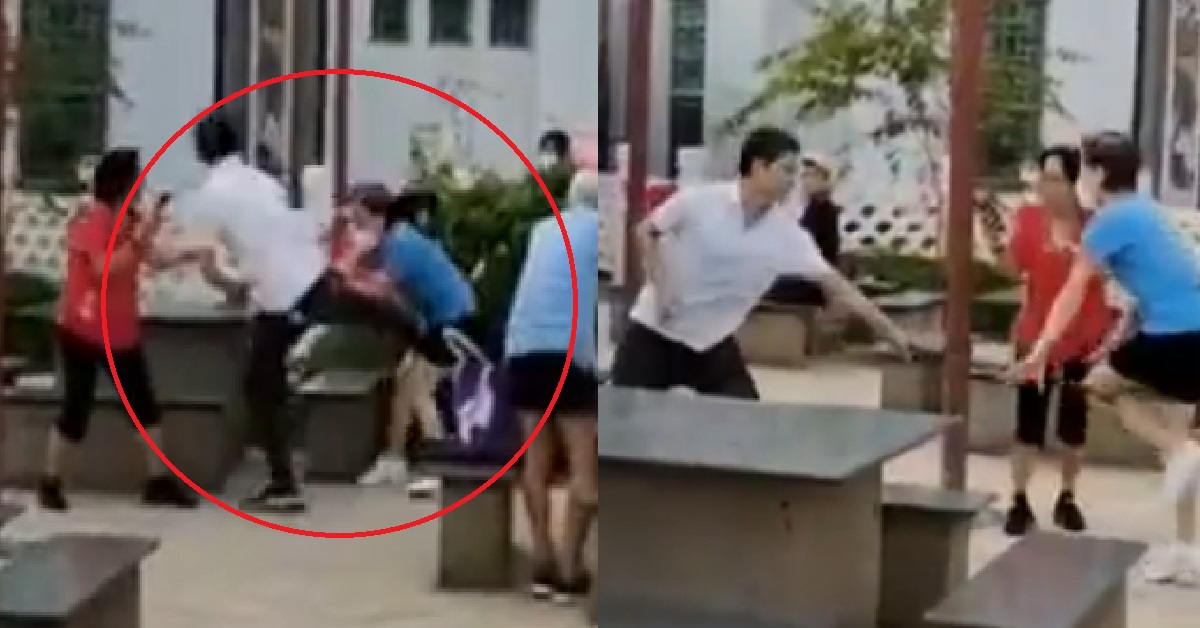 MAN FIGHTING WITH AUNTIE @ CHINATOWN, USED STICK TO SAVAGELY BEAT HER
