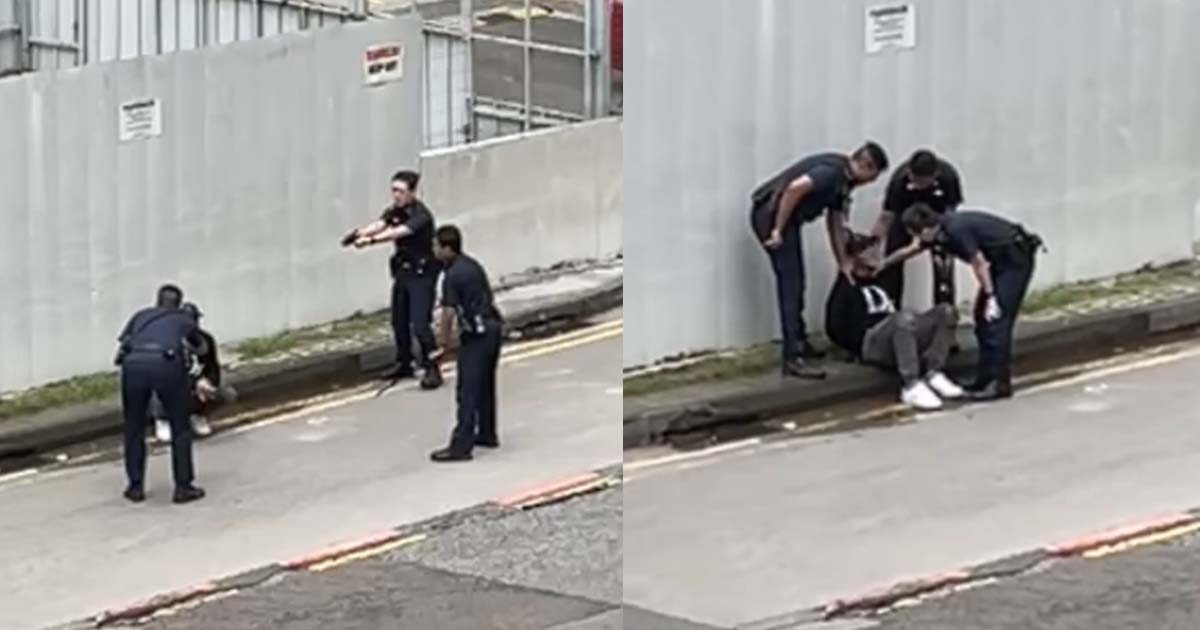MAN ARRESTED AT BENCOOLEN STREET, OFFICER KICKS AWAY ROD LIKE WEAPON