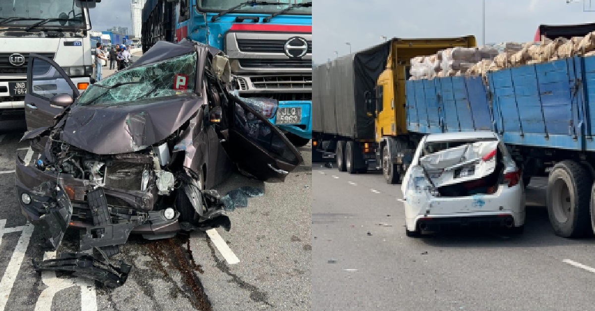 HUGE ACCIDENT AT WOODLANDS CAUSEWAY INVOLVING 2 LORRIES & 2 CARS, DRIVER TRAPPED