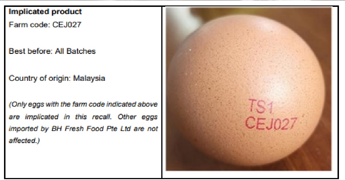 SFA RECALLS EGGS FROM TEO SENG FARM FOR SALMONELLA, CHECK YOUR EGGS IF THEY HAVE THIS CODE
