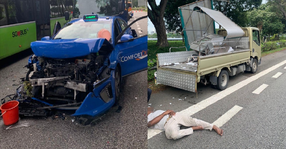 7 PEOPLE SENT TO HOSPITAL AFTER CRASH @ PIE, 2 WORKERS FLUNG OUT OF THE LORRY