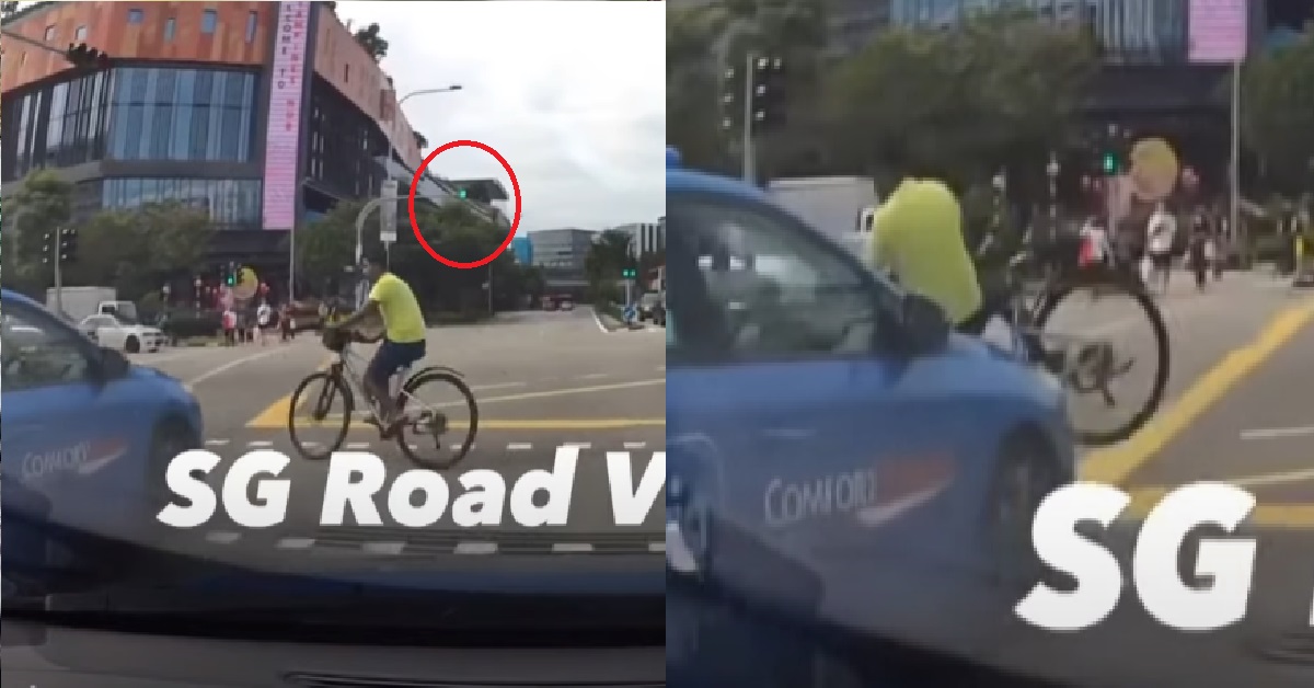 CYCLIST BEATS RED LIGHT AT TRAFFIC JUNCTION, THEN GETS RUN OVER BY TAXI
