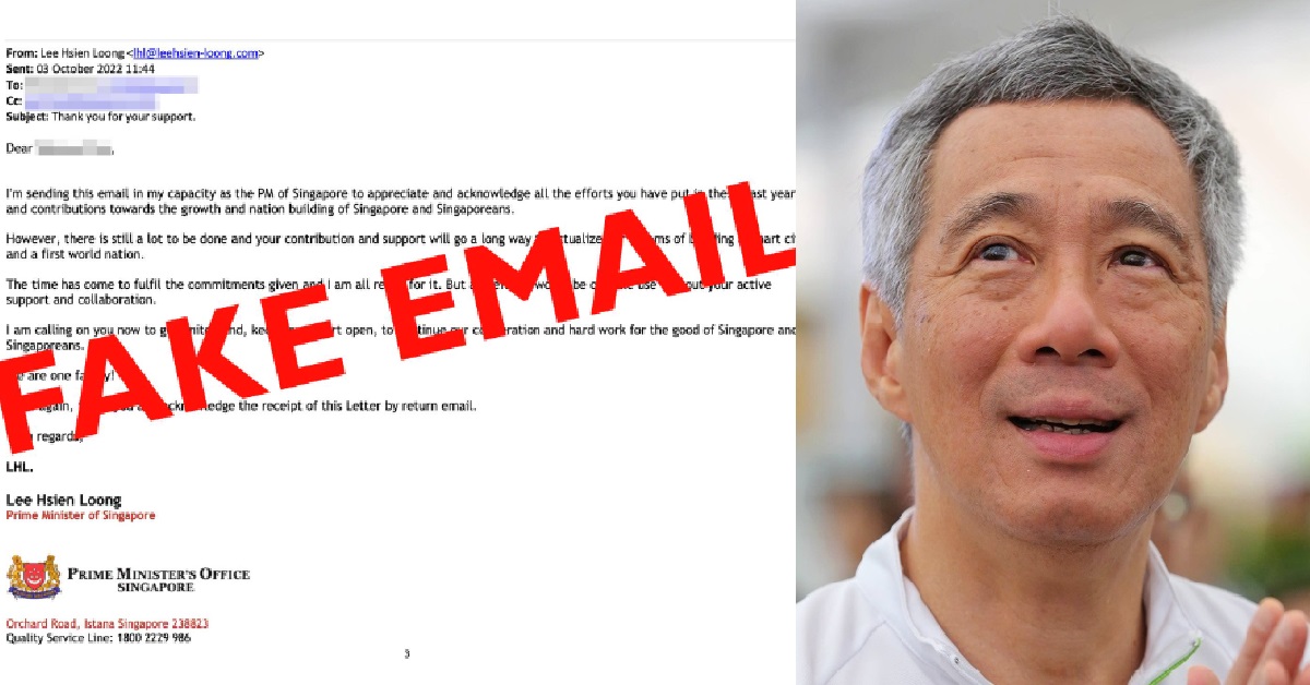SCAMMERS ARE SENDING FAKE EMAILS WITH ISTANA ADDRESS, CLAIMING TO BE PM LEE