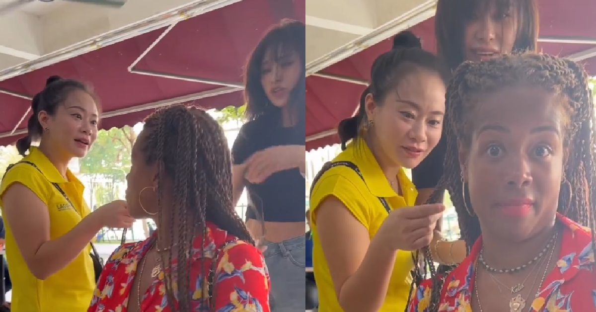 PRC WOMEN PLAYING WITH BLACK WOMAN’S HAIR @ CHINATOWN WITHOUT PERMISSION