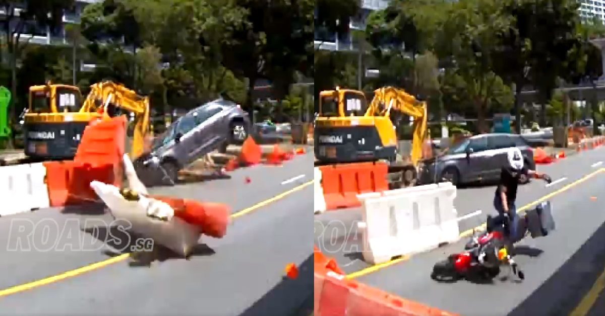 DRIVER CRASHED INTO CONSTRUCTION BARRIER AND WENT AIRBORNE @ ALEXANDRA RD