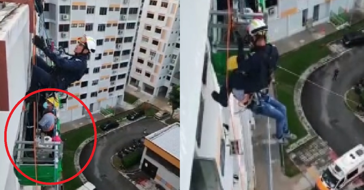 WORKER STRANDED ON GONDOLA STUCK ON 8-9TH STOREY OF TECK WHYE HDB, RESCUED BY SCDF