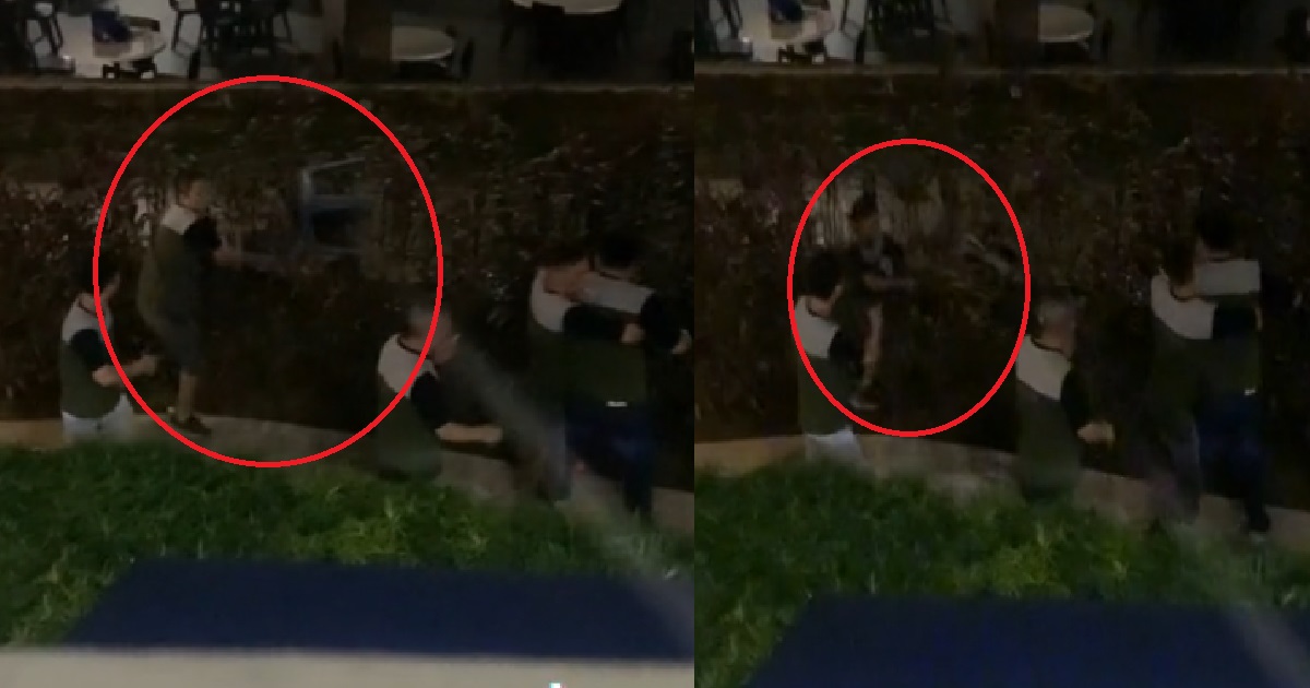 WORKERS FIGHTING OUTSIDE COFFEESHOP, GUY WANT TO THROW CHAIR BUT FALL INTO BUSH