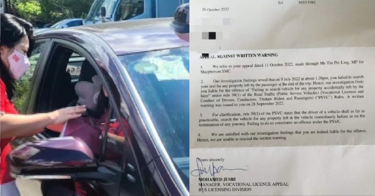 LTA WITHDRAWS WARNING ISSUED TO CABBY WHO DIDN’T SEARCH FOR ITEMS LEFT BEHIND BY PAX
