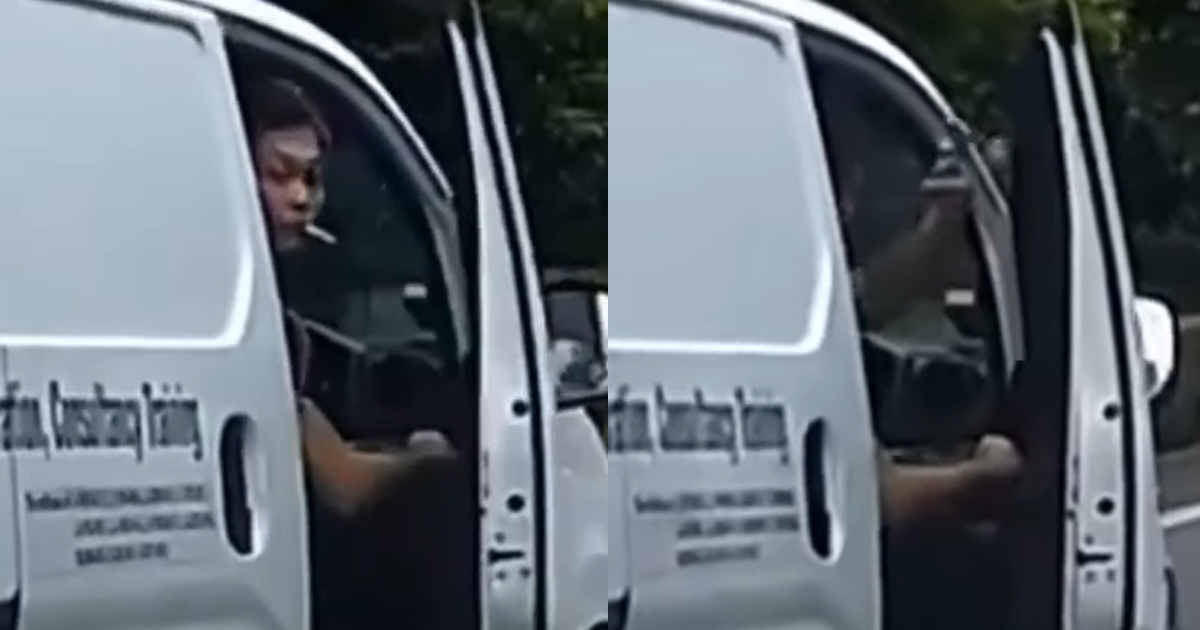 VAN DRIVER OPENS DOOR WHILE DRIVING TO SHOW MIDDLE FINER ALONG PIE