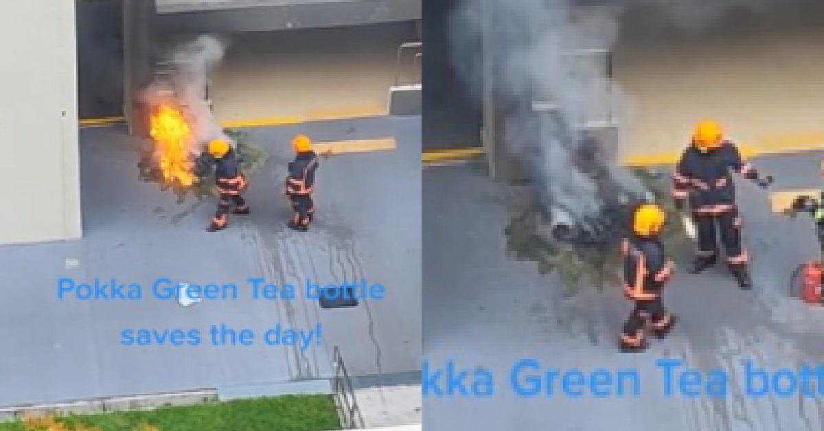 SCDF OFFICERS PUT OUT FIRE USING POKKA GREEN TEA BOTTLE, NETIZENS IMPRESSED