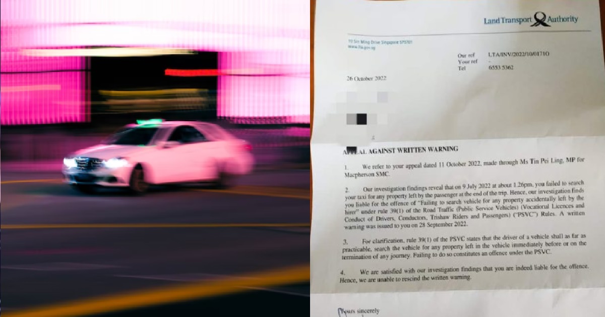 TAXI DRIVER RECEIVES WARNING FOR NOT CHECKING SEAT AFTER PASSENGER LOST ITEMS