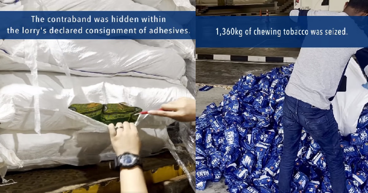 77,500 PACKS OF ILLEGAL CIGGS & 1,360KG OF CHEWING TOBACCO SEIZED @ TUAS CHECKPOINT