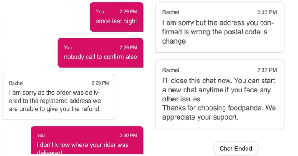 WOMAN ORDERED FOODPANDA BUT NOT DELIVERED, HELPDESK SAYS “NOTHING THEY CAN DO”