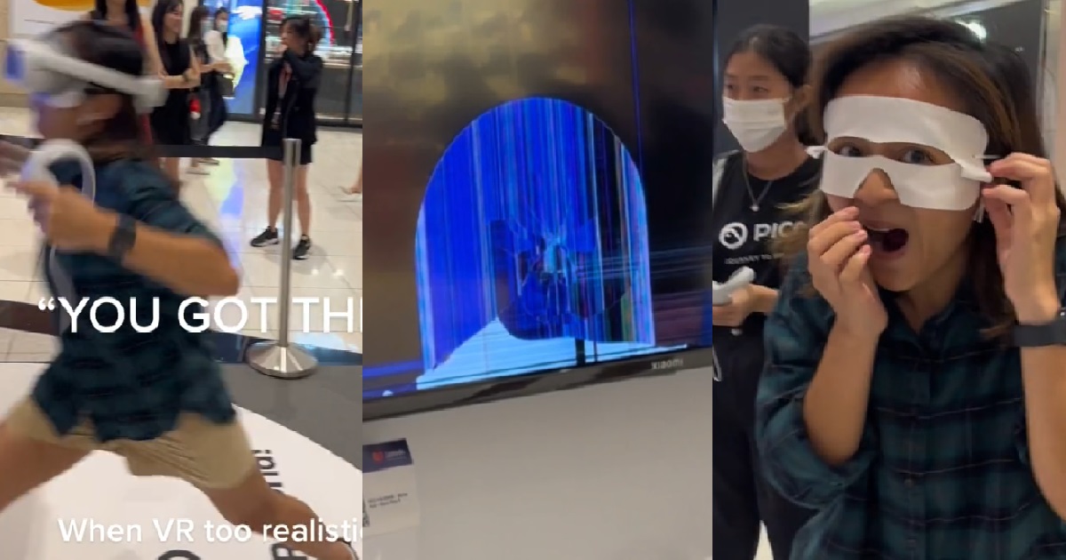 WOMAN TRIES REALISTIC VR GAME @ SUNTEC, ACCIDENTALLY PUNCHED TV & BROKE IT