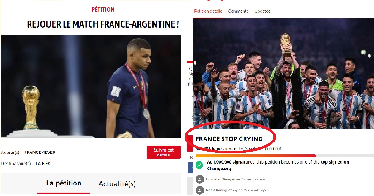 FRANCE PETITION TO REPLAY WORLD CUP FINAL, ARGENTINA PETITION FOR FRANCE TO STOP CRYING