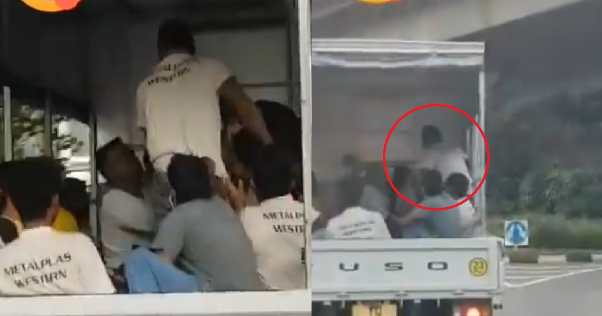 WORKERS FIGHTING AT THE BACK OF LORRY WHILE DRIVING ON THE ROAD, INCREDIBLE BALANCE
