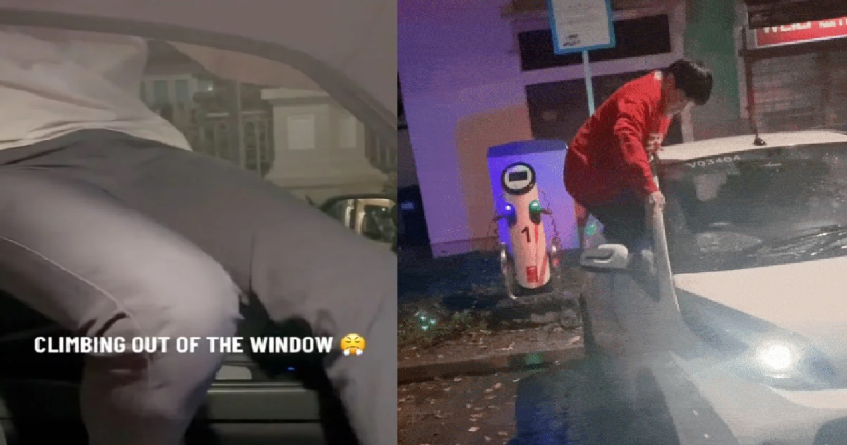MAN STUCK INSIDE BLUESG CAR AFTER DOOR STOPPED WORKING, CLIMBS OUT OF WINDOW TO ESCAPE