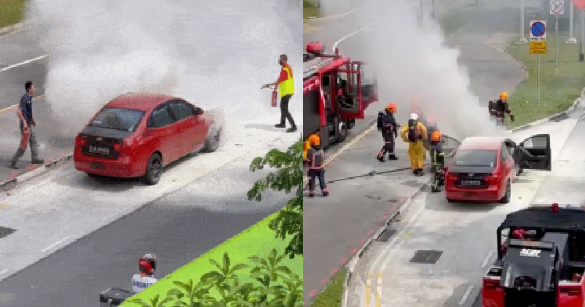 CAR CAUGHT ON FIRE @ TAMPINES, PASSING DRIVERS STOPPED TO FIGHT FIRE BEFORE SCDF ARRIVED