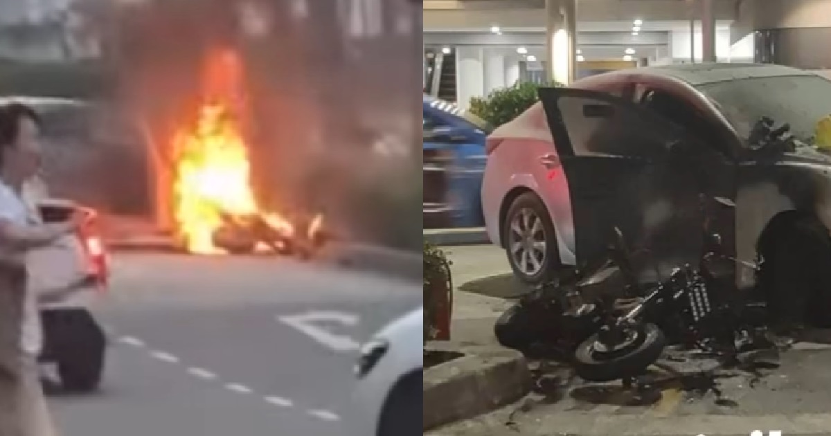 EBIKE BURST INTO FLAMES & BURNT UNTIL CHAO TAH AFTER ACCIDENT WITH CAR, RIDER HOSPITALISED