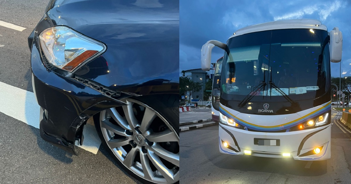 M’SIA BUS HITS S’PORE CAR @ MARYMOUNT, BUS DRIVER SAYS CAR FAULT AS HIS BUS “TOO BIG”