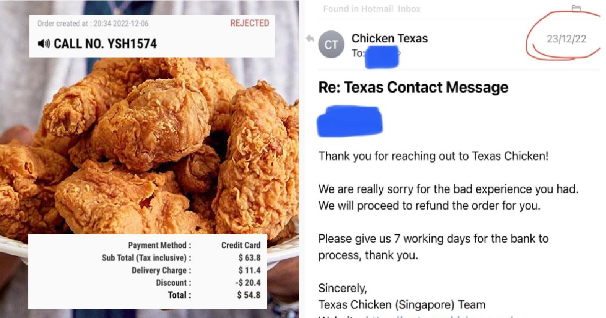 MAN PAID FOR TEXAS CHICKEN DELIVERY BUT ORDER WAS REJECTED, 1 MONTH LATER STILL NO REFUND