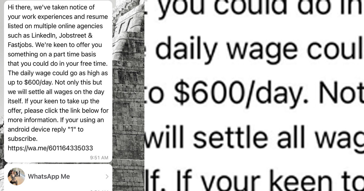 $600 PER DAY JOB OFFERS MASS SEND TO WHATSAPP USERS BY “RECRUITERS”