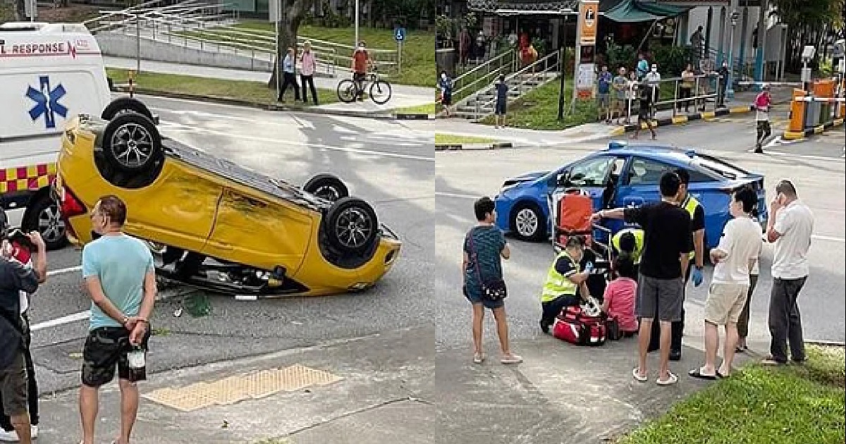CAR CRASHED INTO TAXI & FLIPPED OVER @ AMK, COUPLE CRAWLED OUT OF CAR & FLED THE SCENE