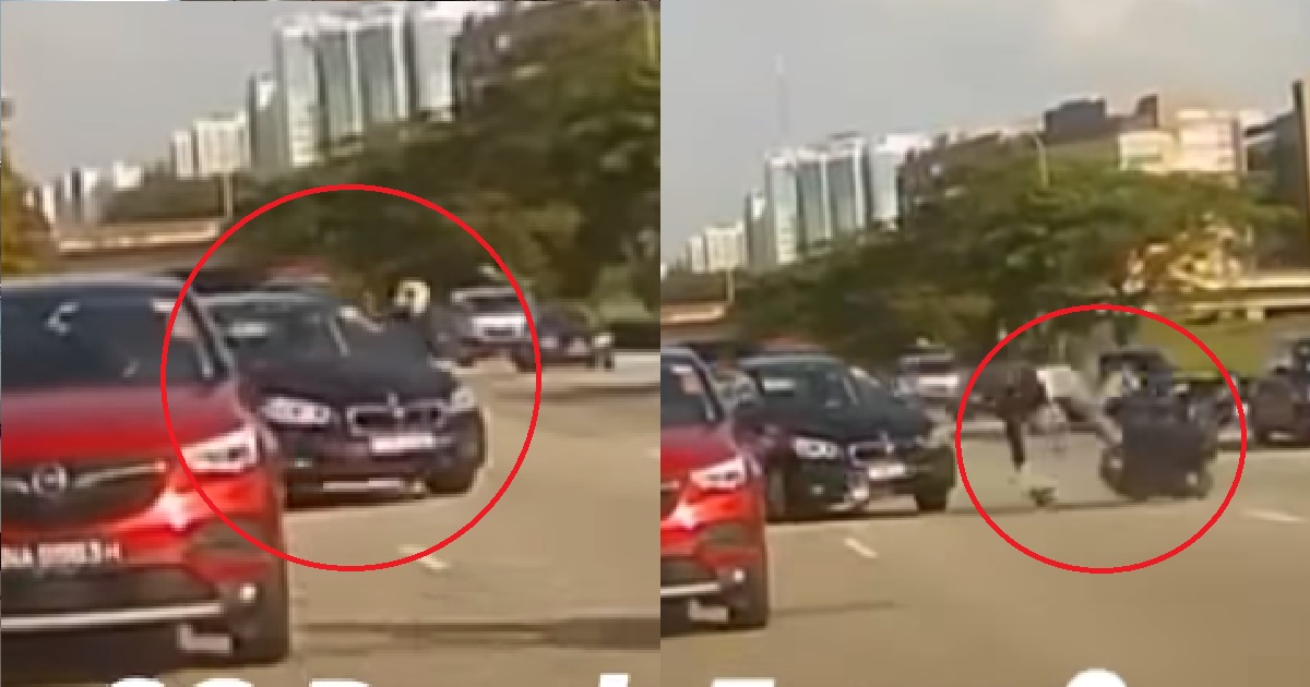 MOTORCYCLIST SENT FLYING IN HORRIFYING ACCIDENT AFTER BMW SUDDENLY CHANGED LANES