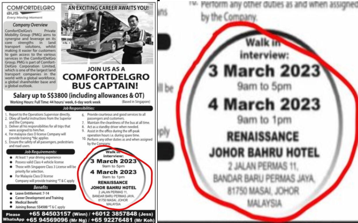 COMFORTDELGRO HIRING BUS CAPTAINS IN JB, SALARY $3800 & $4500 JOINING BONUS