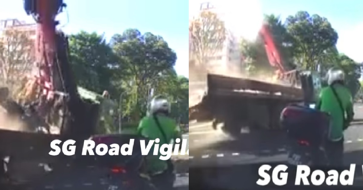 LORRY CARRYING CRANE HITS MRT TRACKS @ JURONG, THEN SWERVE & ALMOST HIT GRAB RIDER