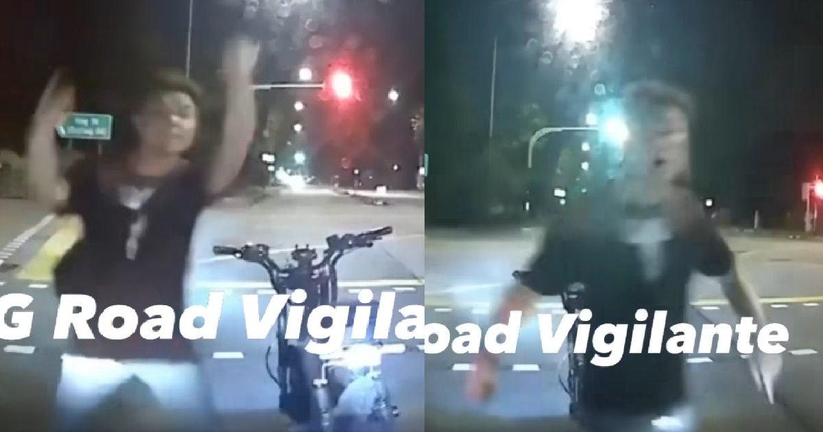 EBIKE AH BENG UPSET AT BEING HONKED BY DRIVER, STOP IN MIDDLE OF ROAD & WANT TO FIGHT