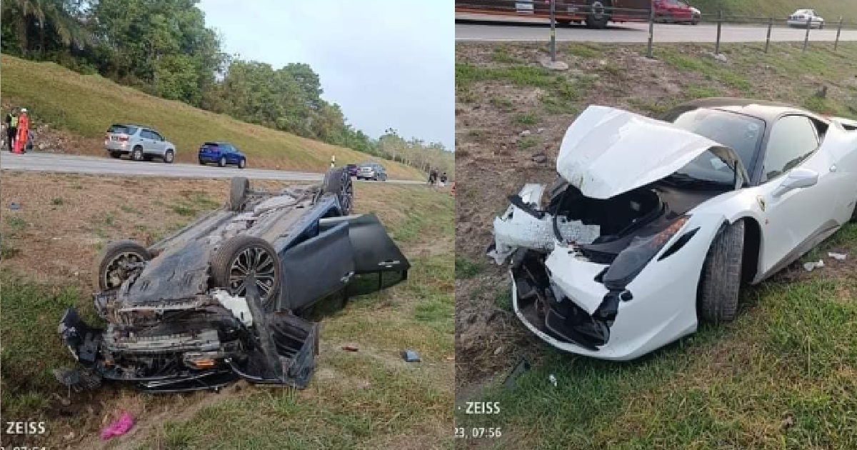 S’PORE FERARRI HITS CAR FROM BEHIND IN JB, CAUSING IT TO CRASH UPSIDE DOWN